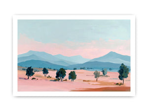 Pastel mountain landscape canvas art with blue peaks and trees for modern living room decor