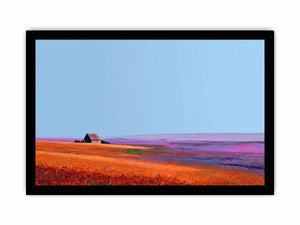 Orange prairie landscape artwork with rustic barn for farmhouse wall decor