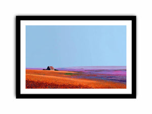 Orange prairie landscape artwork with rustic barn for farmhouse wall decor
