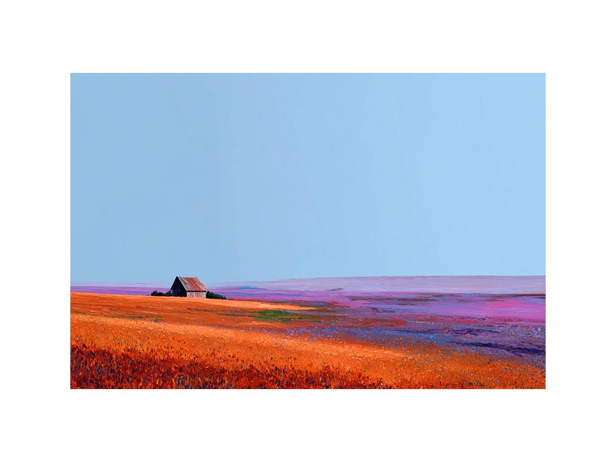 Orange prairie landscape artwork with rustic barn for farmhouse wall decor