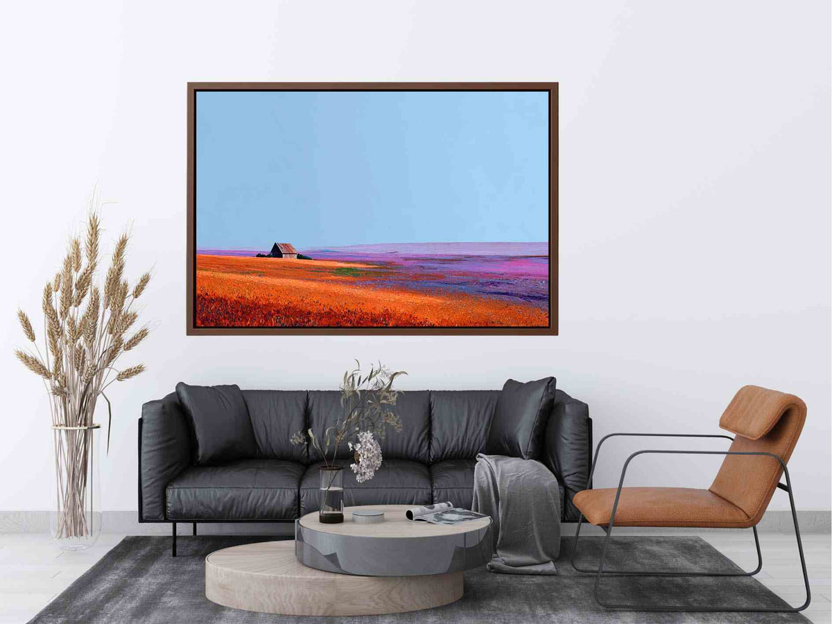 Orange prairie landscape artwork with rustic barn for farmhouse wall decor