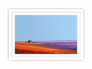 Orange prairie landscape artwork with rustic barn for farmhouse wall decor