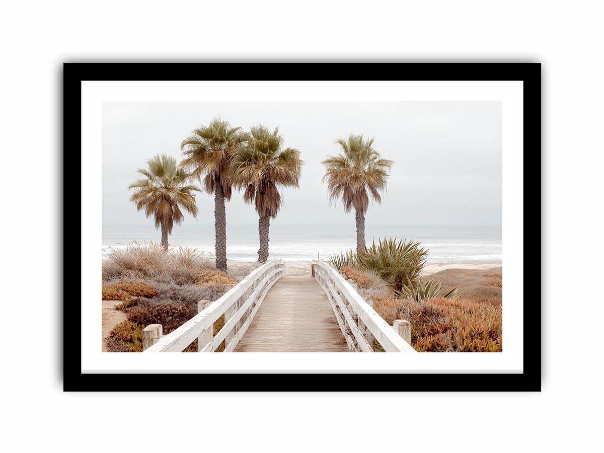 Coastal boardwalk and palm tree canvas art for serene beach house decor