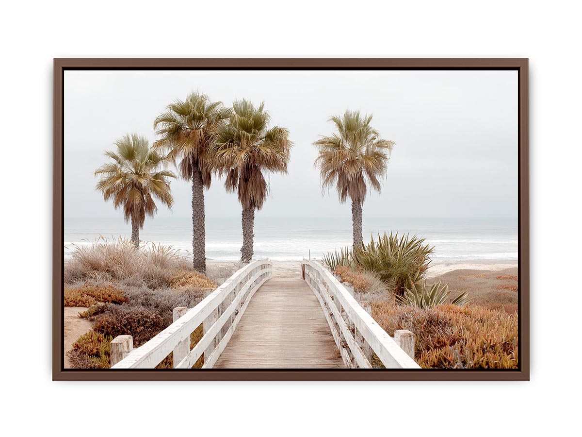 Coastal boardwalk and palm tree canvas art for serene beach house decor