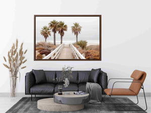Coastal boardwalk and palm tree canvas art for serene beach house decor