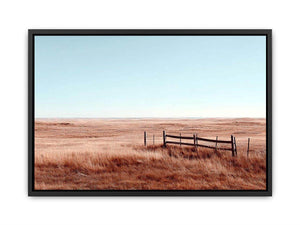 Golden prairie landscape canvas with rustic fence for farmhouse decor