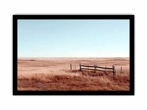 Golden prairie landscape canvas with rustic fence for farmhouse decor