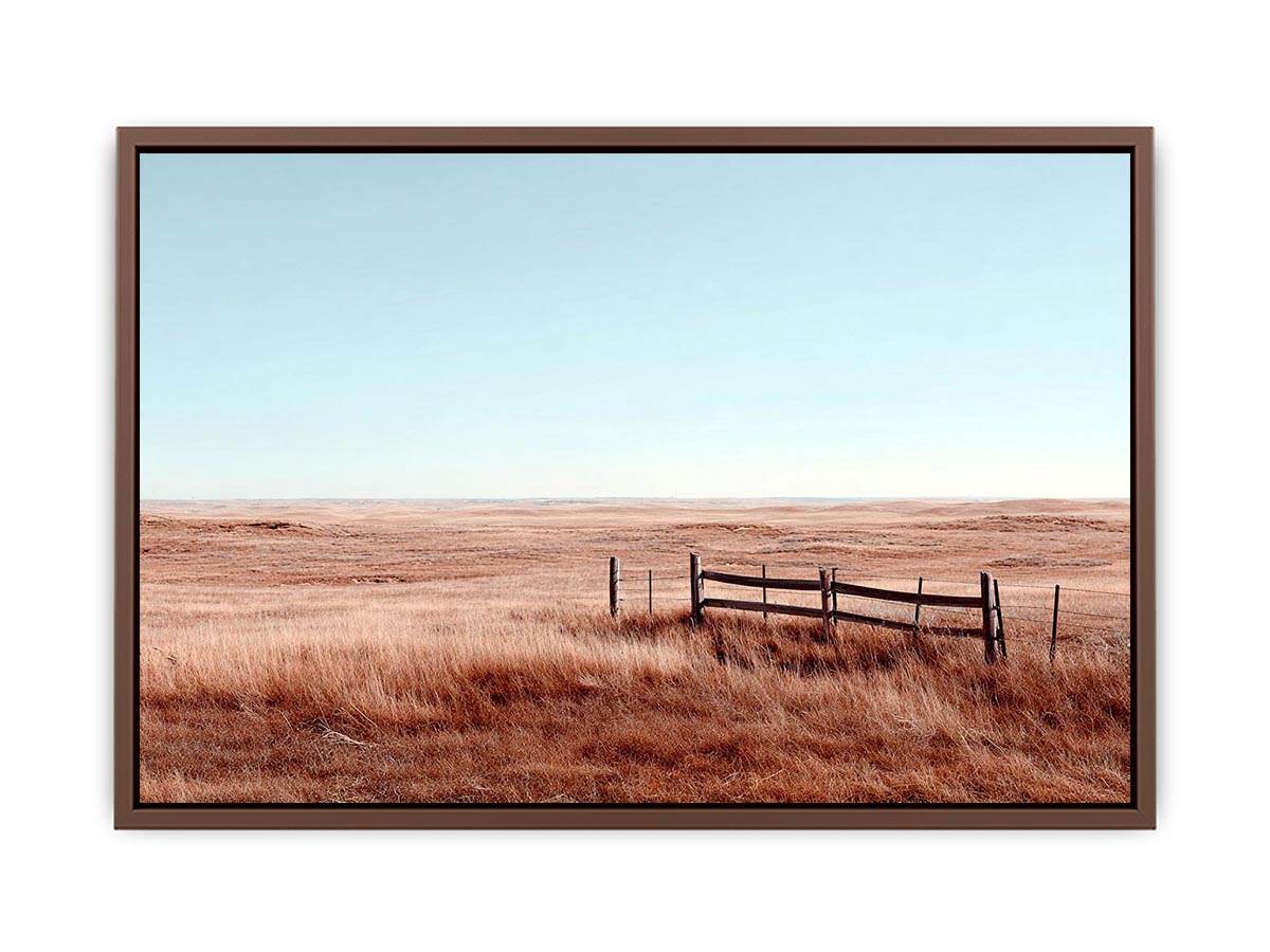 Golden prairie landscape canvas with rustic fence for farmhouse decor
