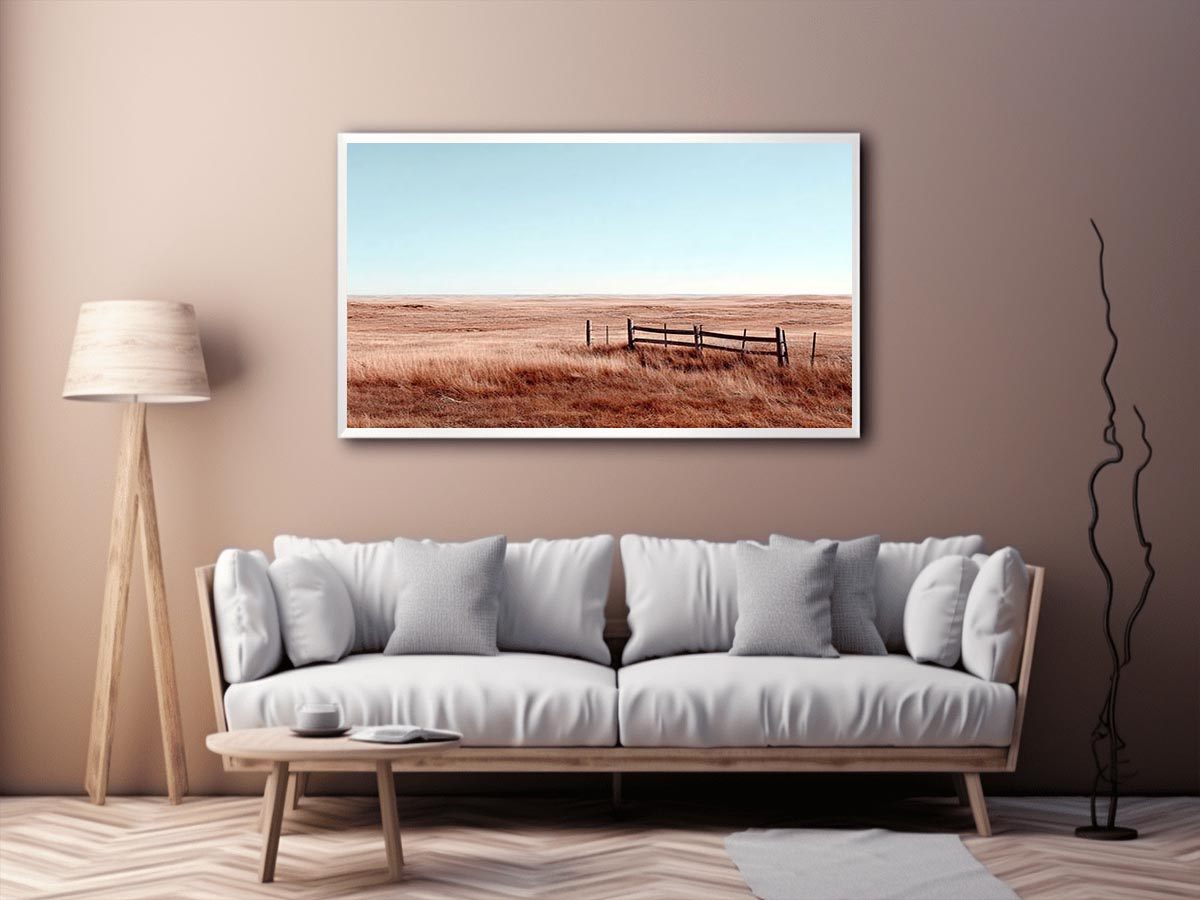 Golden prairie landscape canvas with rustic fence for farmhouse decor