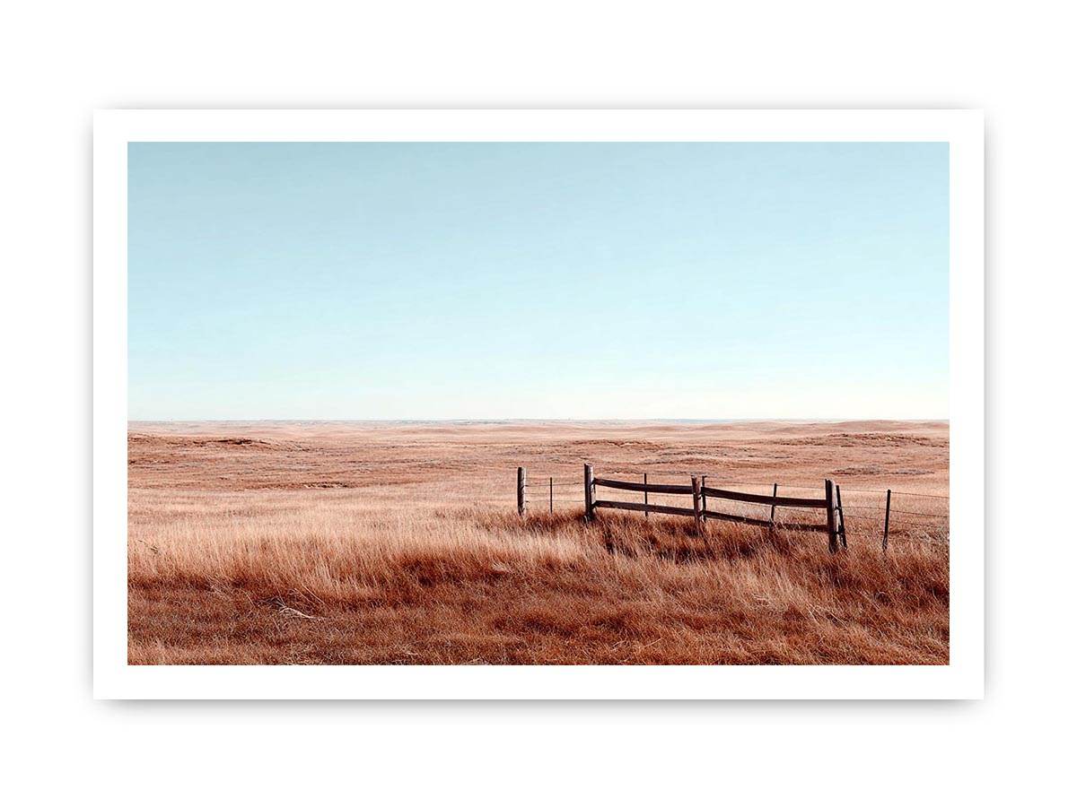 Golden prairie landscape canvas with rustic fence for farmhouse decor