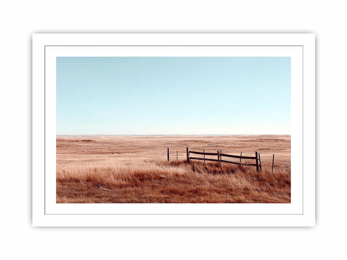 Golden prairie landscape canvas with rustic fence for farmhouse decor