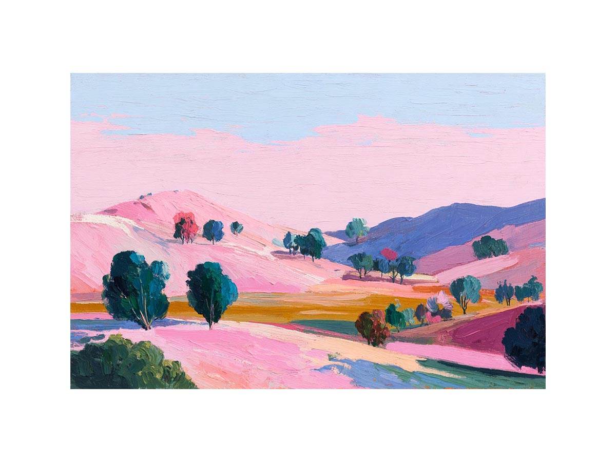 Pink valley landscape canvas art with colorful hills for modern bedroom decor