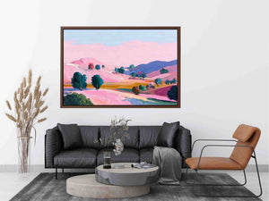 Pink valley landscape canvas art with colorful hills for modern bedroom decor