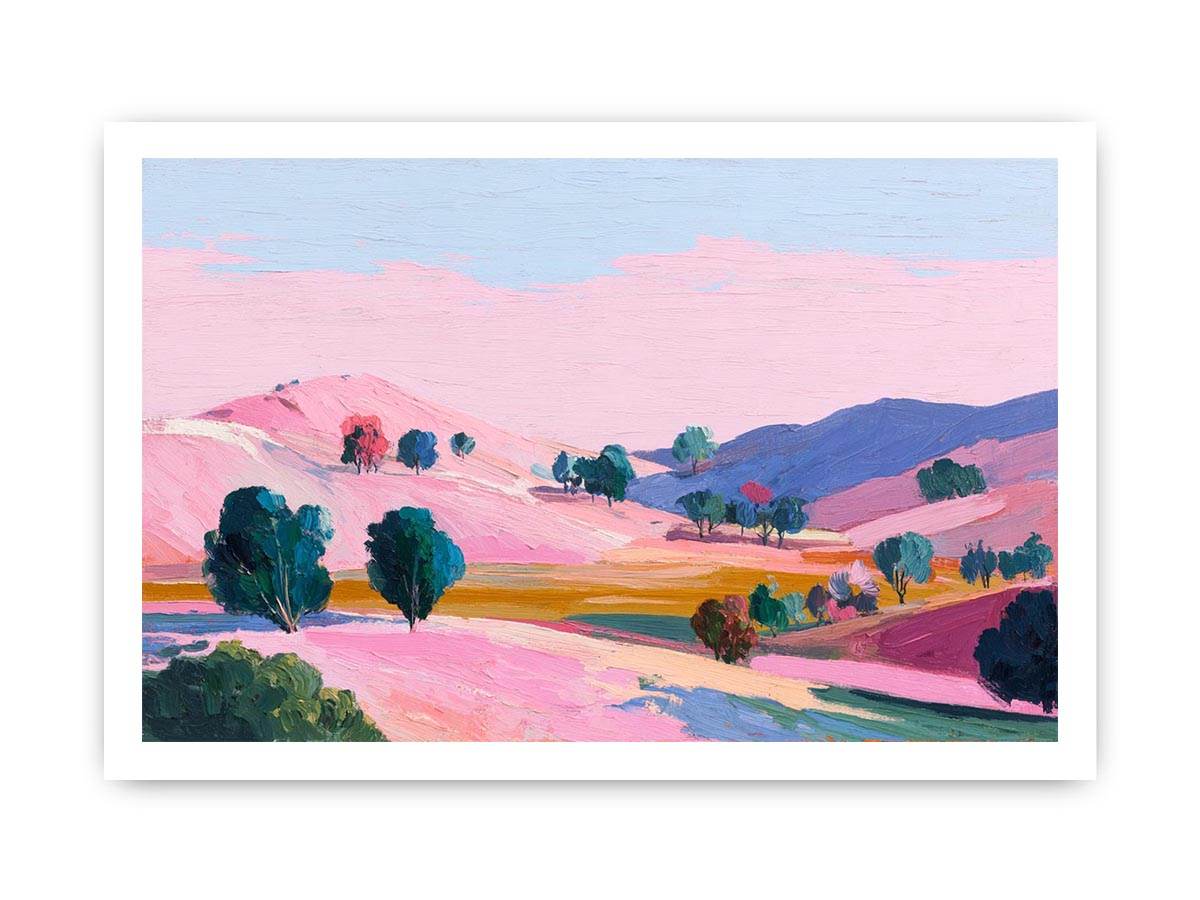 Pink valley landscape canvas art with colorful hills for modern bedroom decor