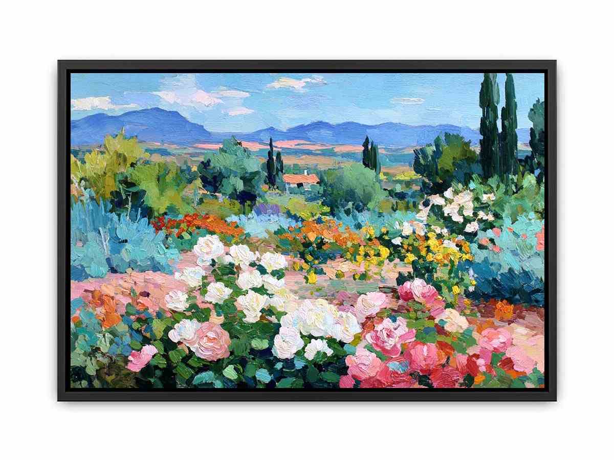 Impressionist rose garden landscape canvas art for elegant living room decor
