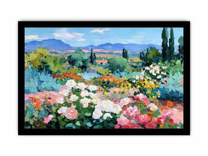 Impressionist rose garden landscape canvas art for elegant living room decor
