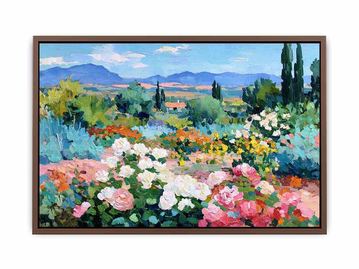 Impressionist rose garden landscape canvas art for elegant living room decor
