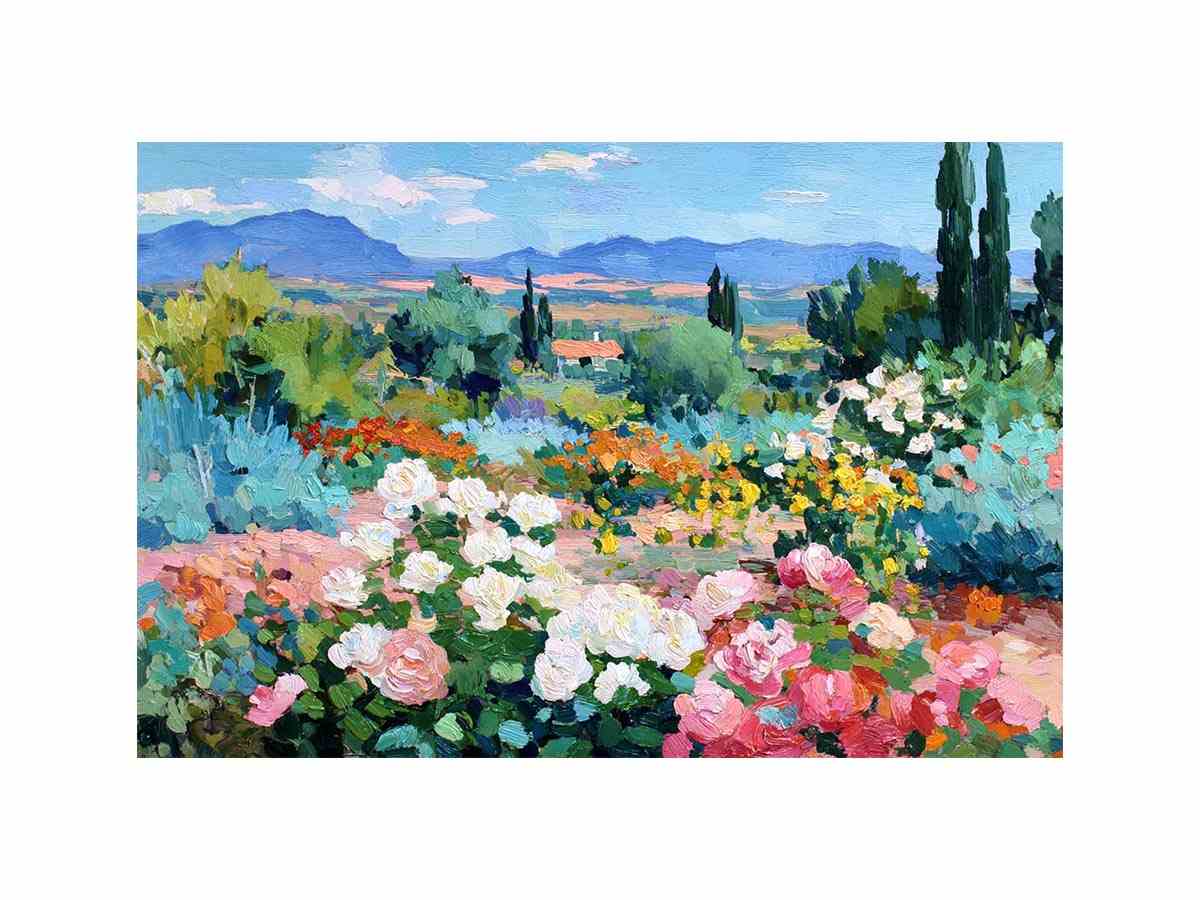 Impressionist rose garden landscape canvas art for elegant living room decor