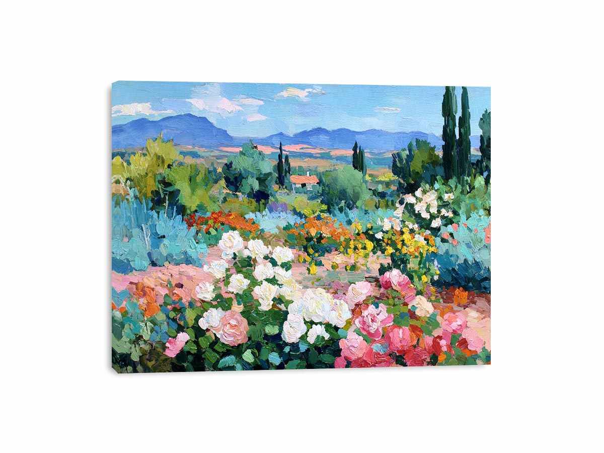 Impressionist rose garden landscape canvas art for elegant living room decor