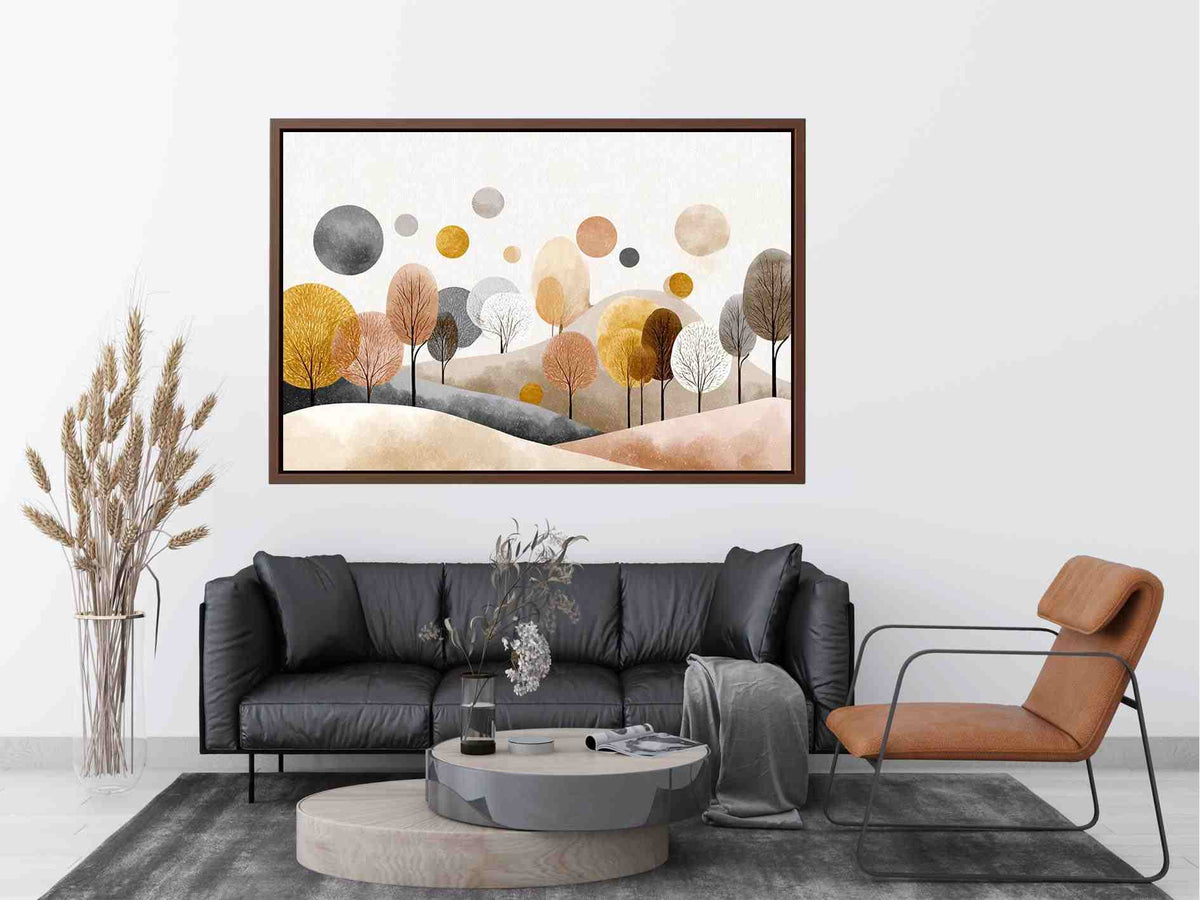 Abstract woodland trees artwork in neutral tones for modern bedroom decor