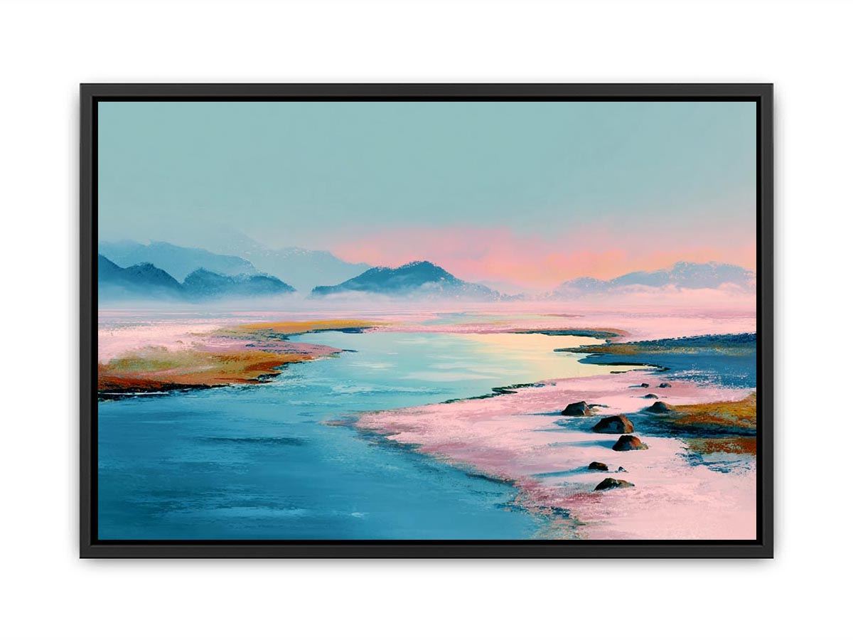 Pastel water landscape artwork with mountains for serene bedroom decor