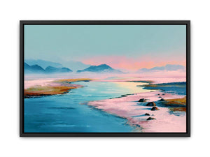 Pastel water landscape artwork with mountains for serene bedroom decor