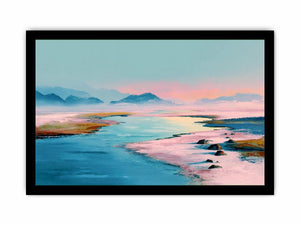 Pastel water landscape artwork with mountains for serene bedroom decor