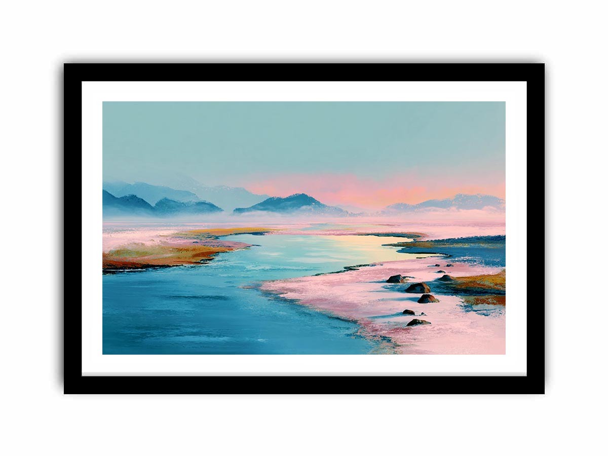 Pastel water landscape artwork with mountains for serene bedroom decor