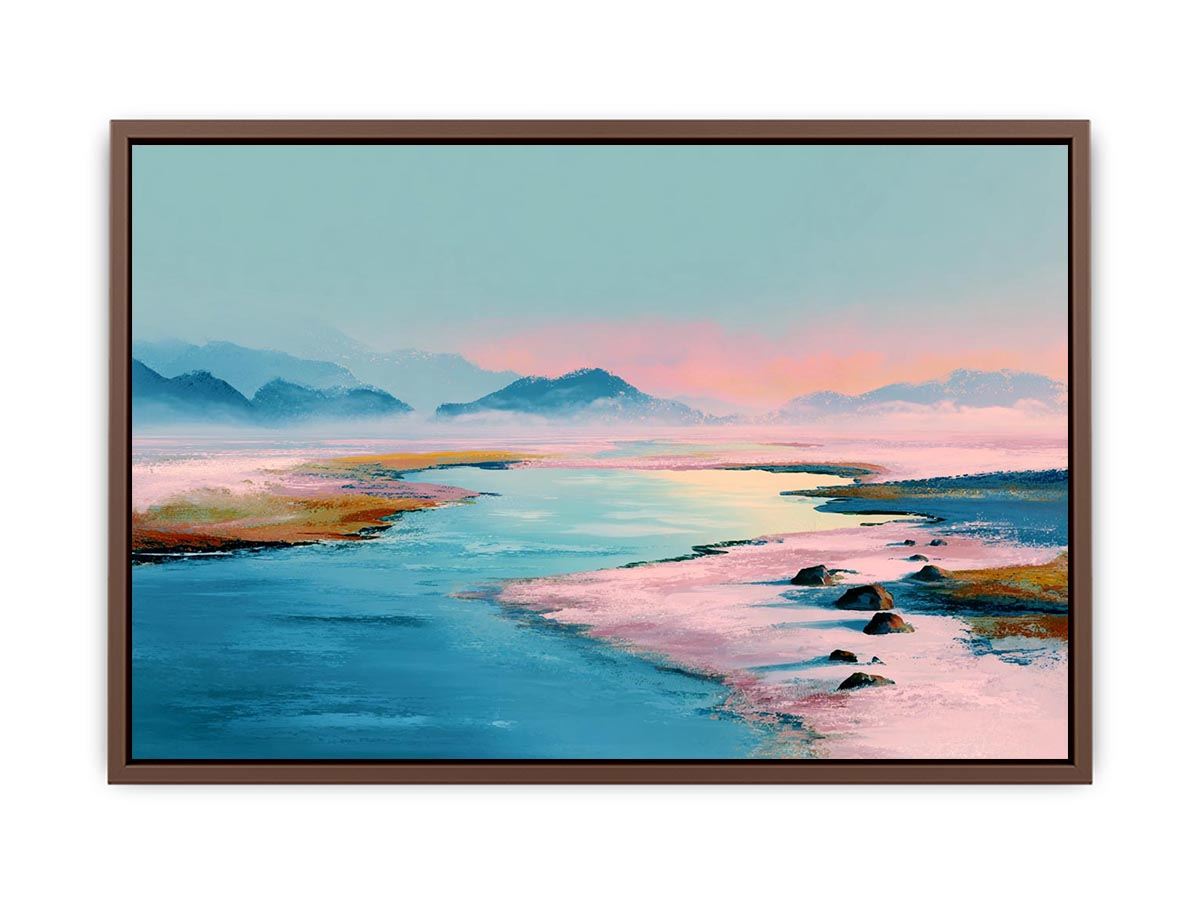 Pastel water landscape artwork with mountains for serene bedroom decor