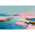 Pastel water landscape artwork with mountains for serene bedroom decor