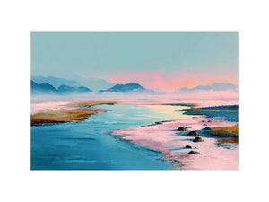 Pastel water landscape artwork with mountains for serene bedroom decor
