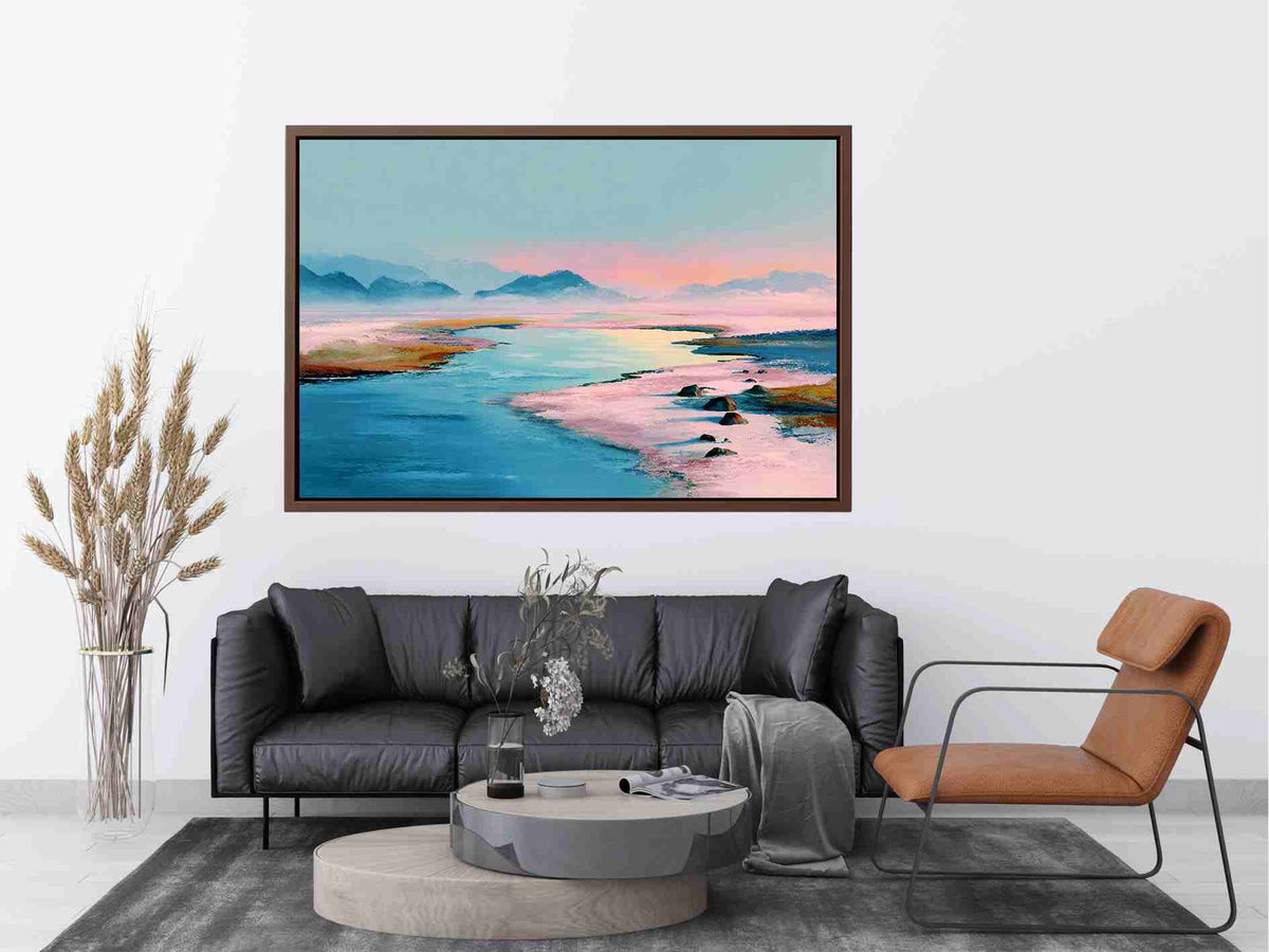 Pastel water landscape artwork with mountains for serene bedroom decor
