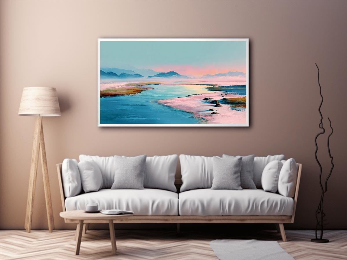 Pastel water landscape artwork with mountains for serene bedroom decor