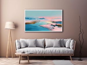 Pastel water landscape artwork with mountains for serene bedroom decor