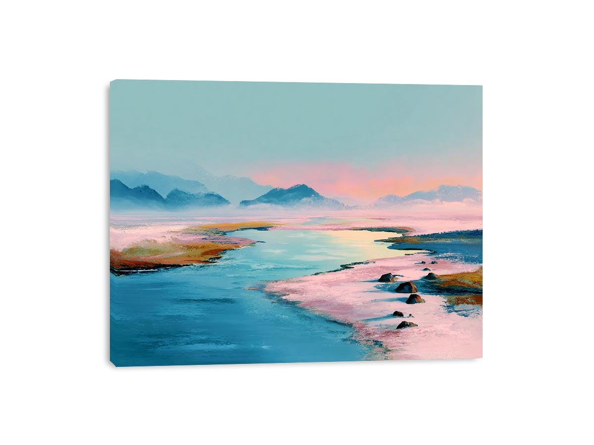 Pastel water landscape artwork with mountains for serene bedroom decor