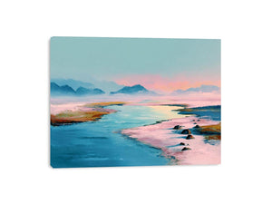 Pastel water landscape artwork with mountains for serene bedroom decor