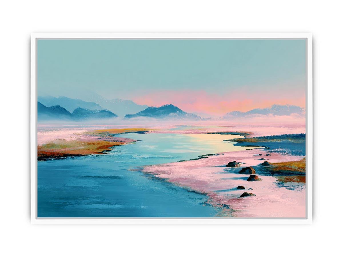Pastel water landscape artwork with mountains for serene bedroom decor