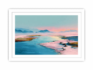 Pastel water landscape artwork with mountains for serene bedroom decor