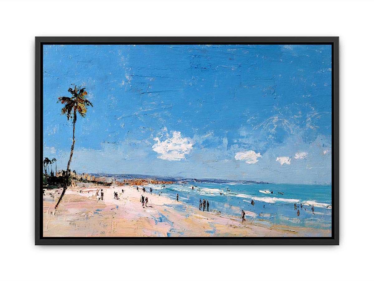 Coastal beach artwork with palm tree and ocean for modern living room decor