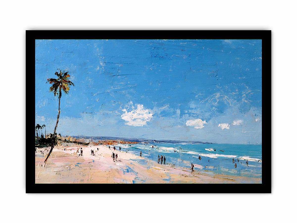 Coastal beach artwork with palm tree and ocean for modern living room decor