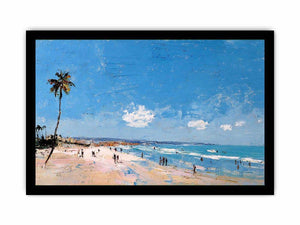 Coastal beach artwork with palm tree and ocean for modern living room decor