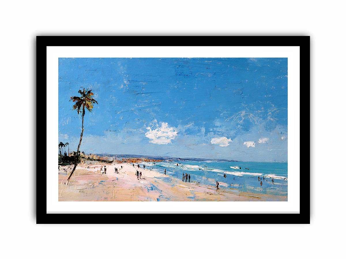 Coastal beach artwork with palm tree and ocean for modern living room decor