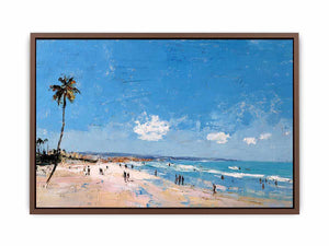 Coastal beach artwork with palm tree and ocean for modern living room decor