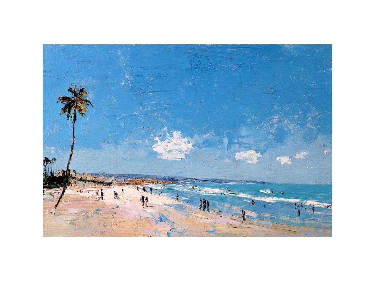 Coastal beach artwork with palm tree and ocean for modern living room decor