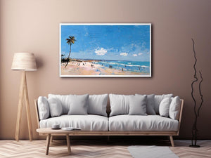 Coastal beach artwork with palm tree and ocean for modern living room decor