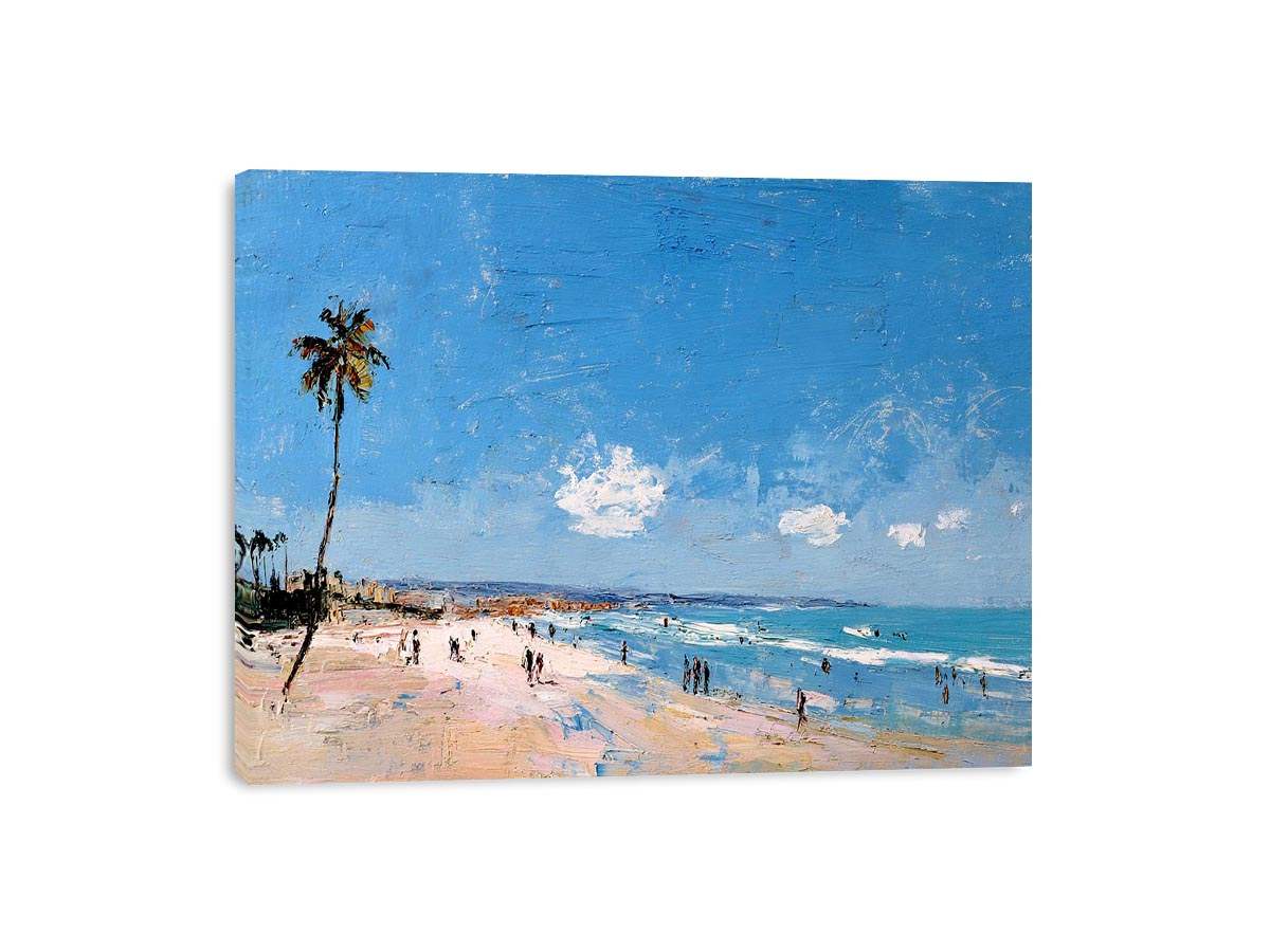 Coastal beach artwork with palm tree and ocean for modern living room decor
