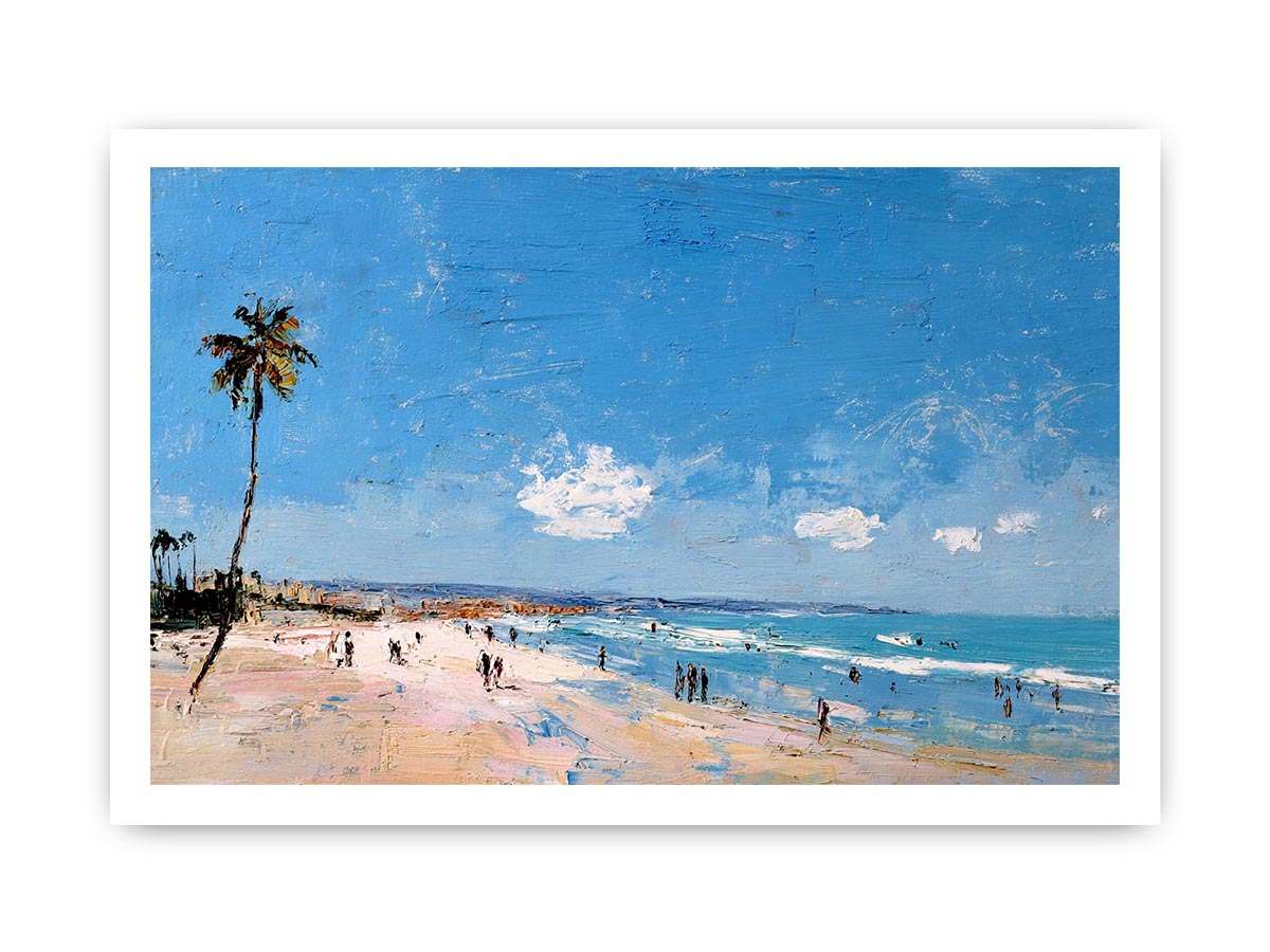 Coastal beach artwork with palm tree and ocean for modern living room decor
