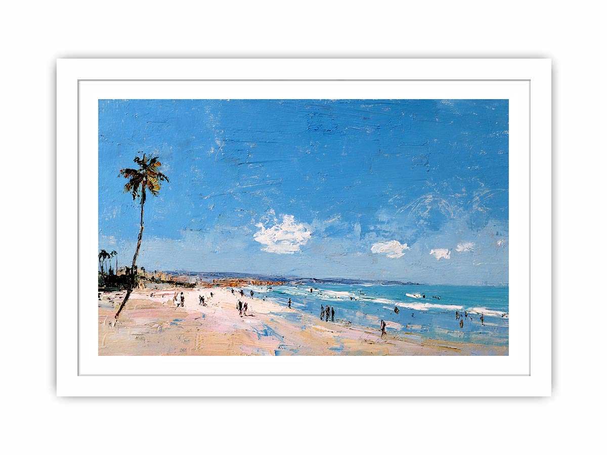 Coastal beach artwork with palm tree and ocean for modern living room decor