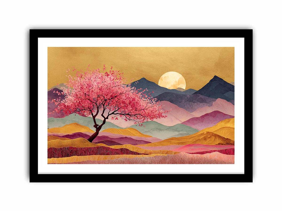 Pink blossom tree artwork with moonlit mountains for statement wall decor