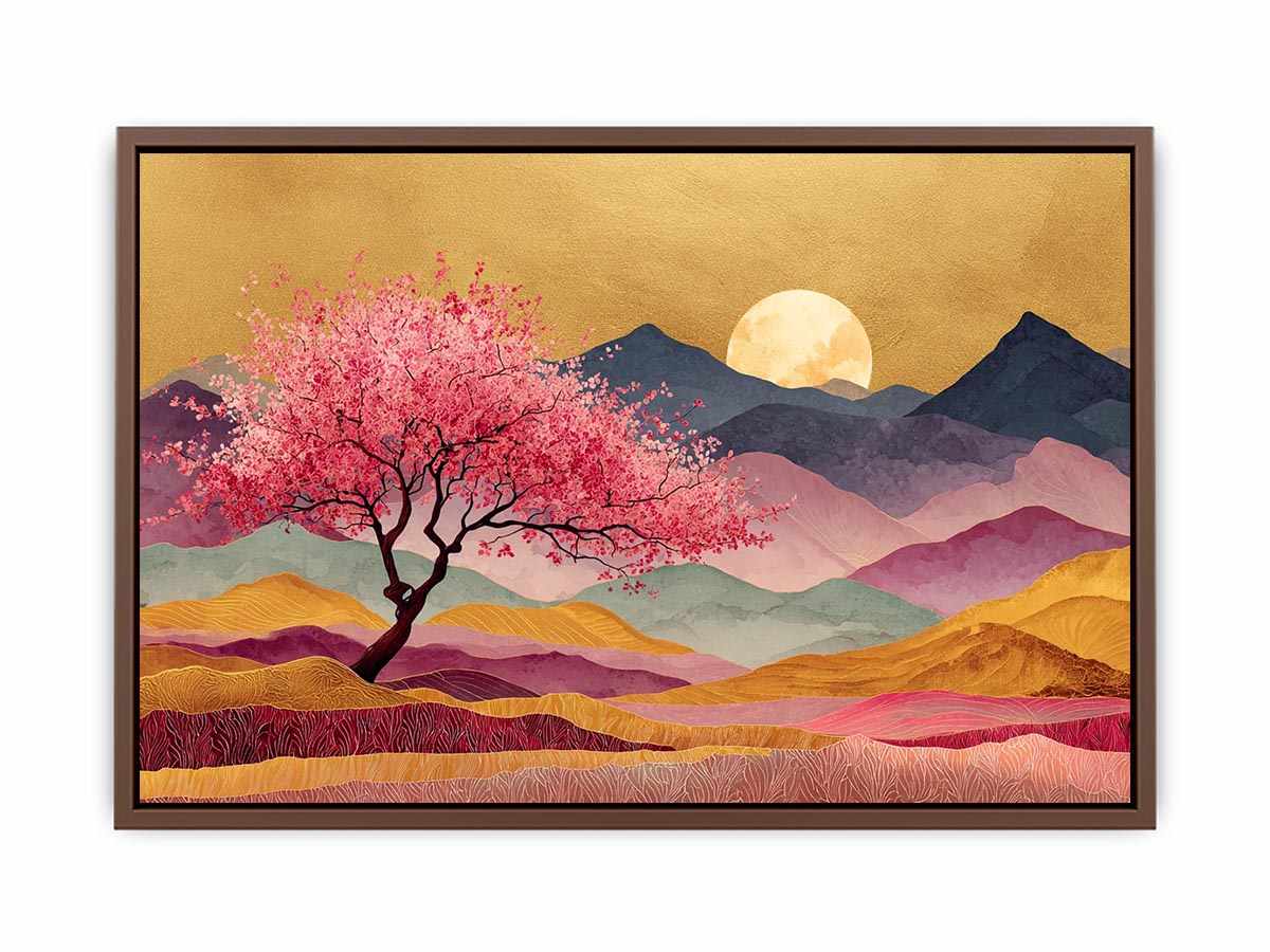 Pink blossom tree artwork with moonlit mountains for statement wall decor